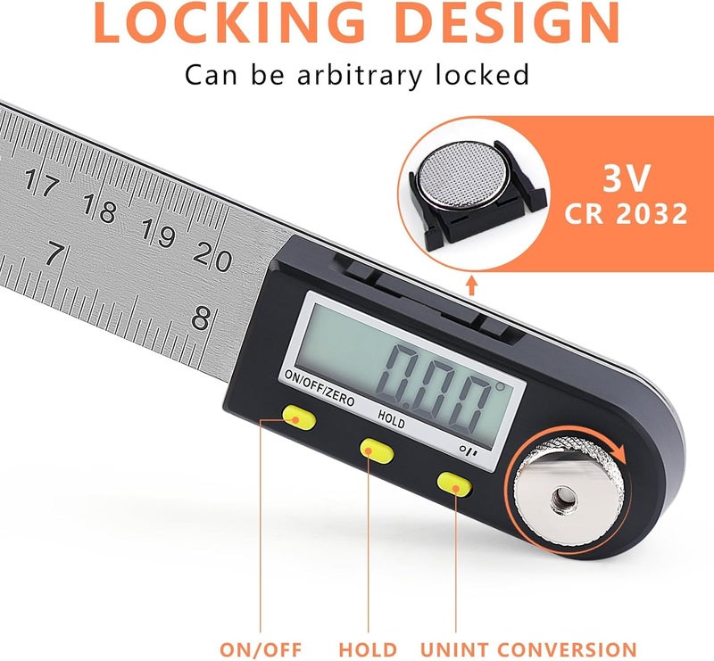 Yangoutool Store Yanguotool Digital Angle Ruler: 200mm/8-Inch Protractor Finder with Stainless Steel Ruler, Ideal for Woodworking, Construction, Level Measuring - Image 2